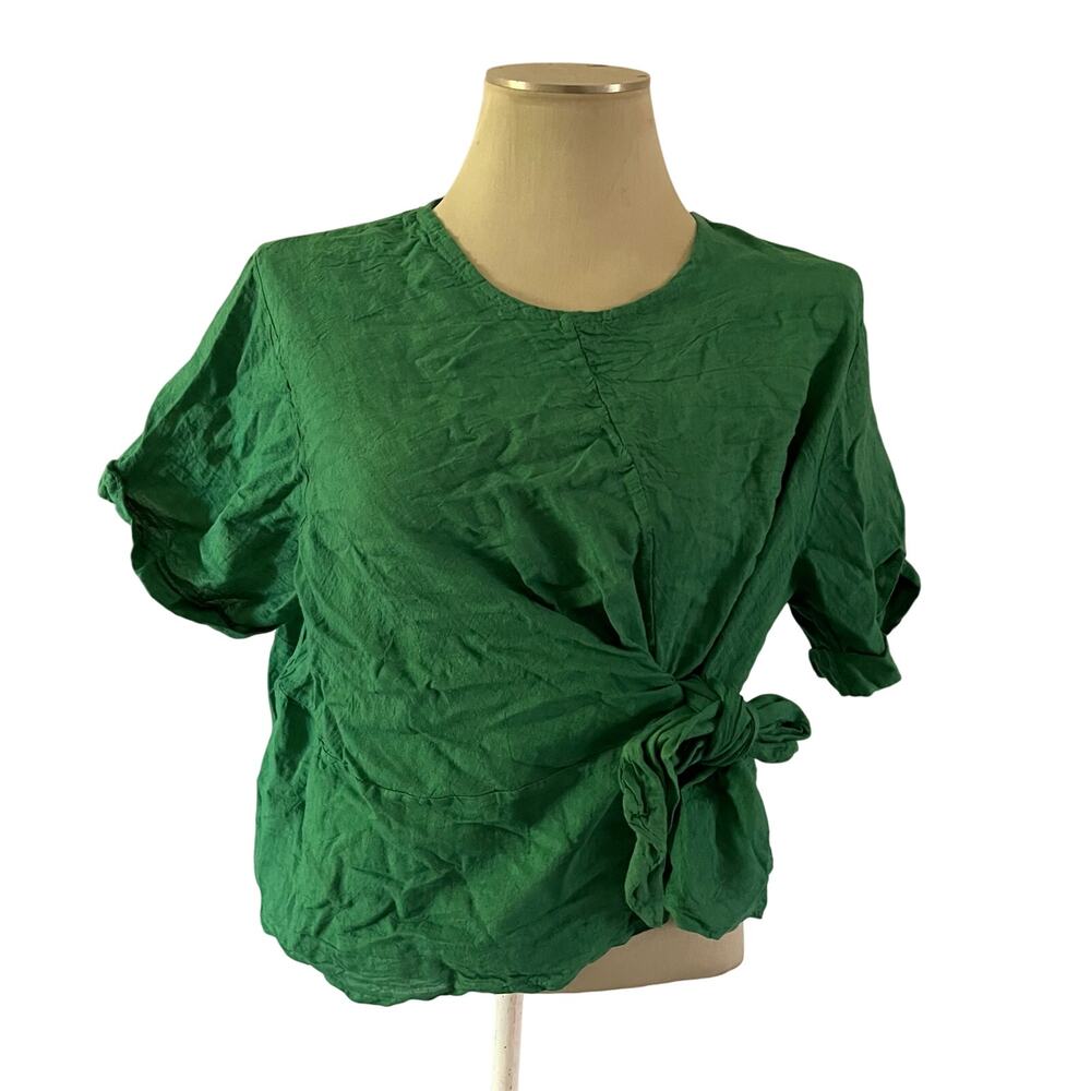 NWT Green 100% Italian Linen Tie Blouse Sz S/M Preppy
